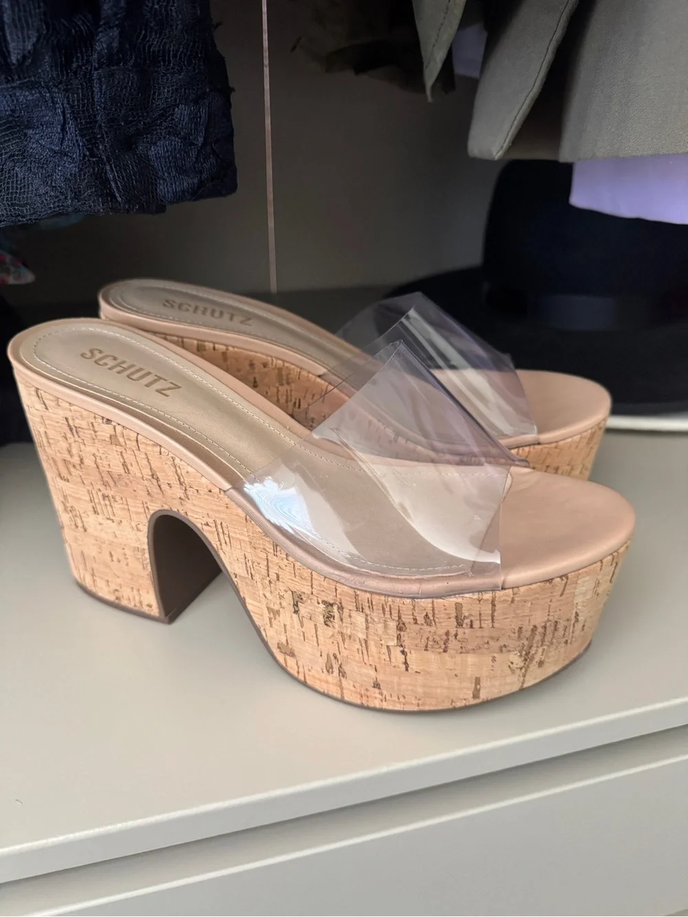 SCHUTZ Clear Strap Cork Platform Sandals in Nude